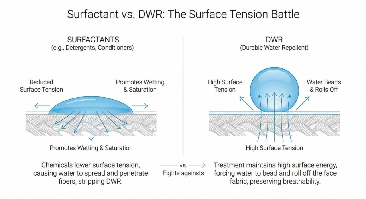 Diiagram showing high and low water surface tension