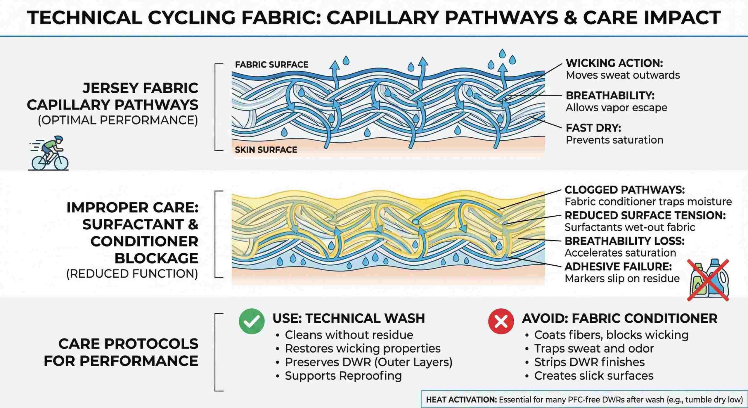 Diagram of sweat wicking properties of fabric blocked by fabric conditioner